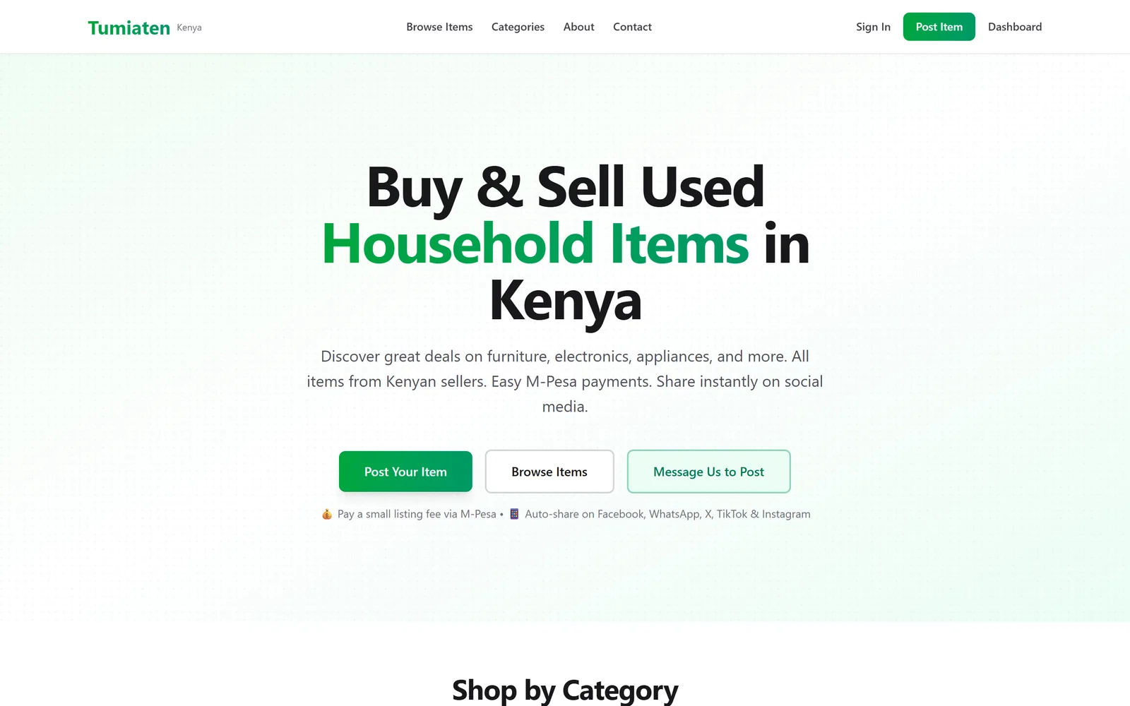 TumiaTen Marketplace homepage